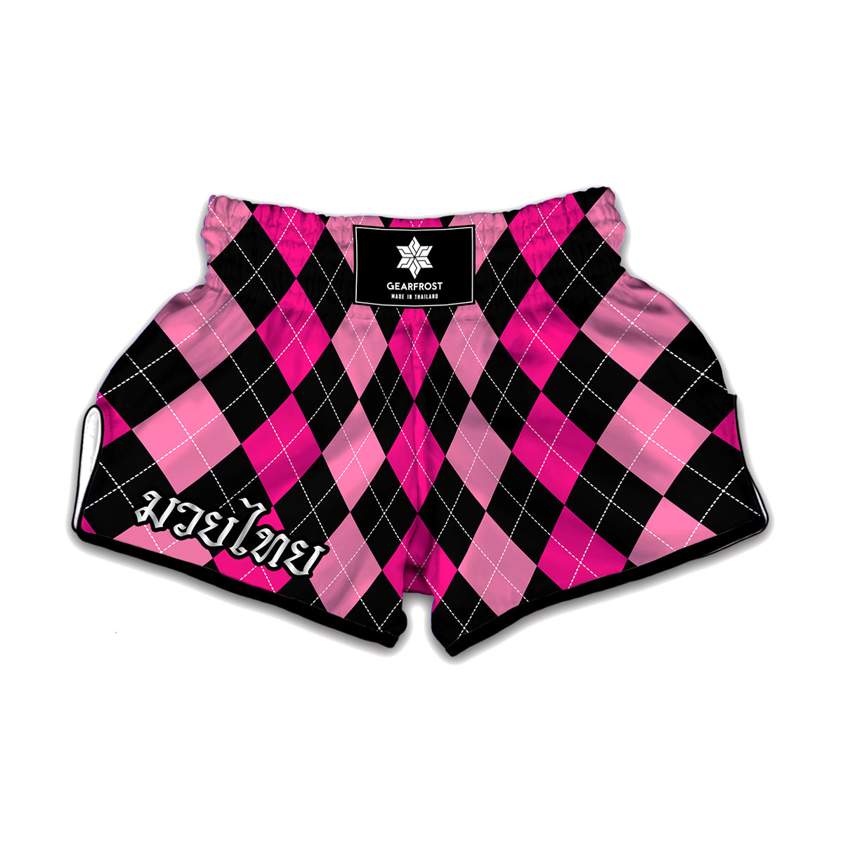 Black And Deep Pink Argyle Pattern Print Muay Thai Boxing Shorts