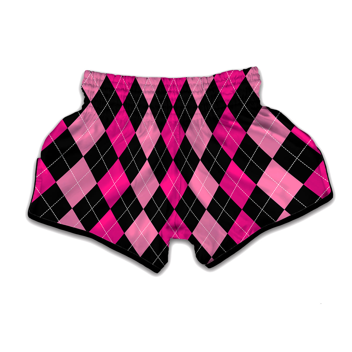 Black And Deep Pink Argyle Pattern Print Muay Thai Boxing Shorts