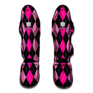 Black And Deep Pink Argyle Pattern Print Muay Thai Shin Guard