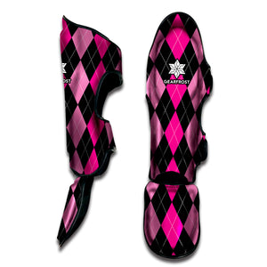 Black And Deep Pink Argyle Pattern Print Muay Thai Shin Guard