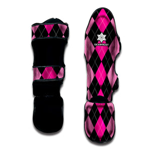 Black And Deep Pink Argyle Pattern Print Muay Thai Shin Guard