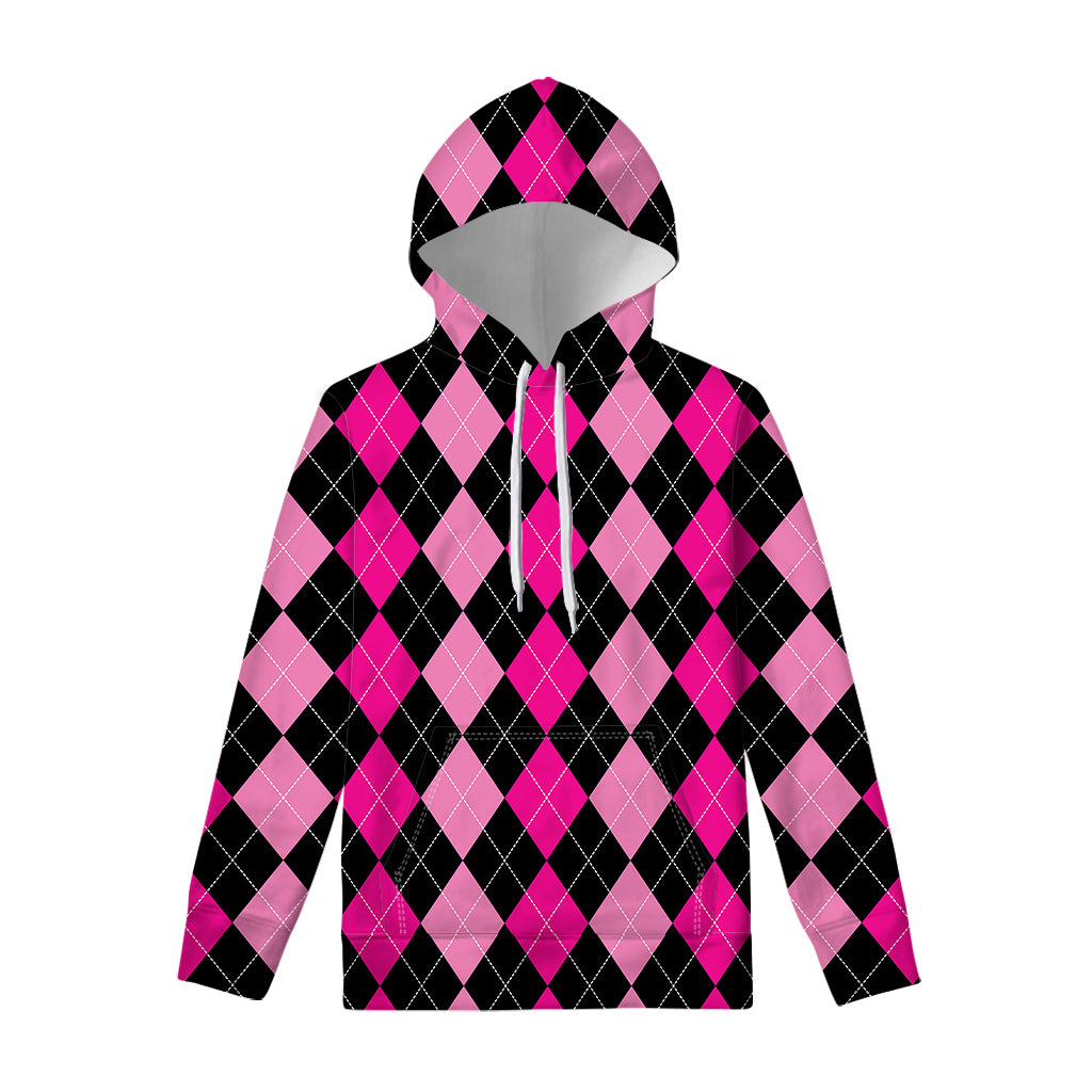 Black And Deep Pink Argyle Pattern Print Pullover Hoodie