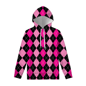 Black And Deep Pink Argyle Pattern Print Pullover Hoodie