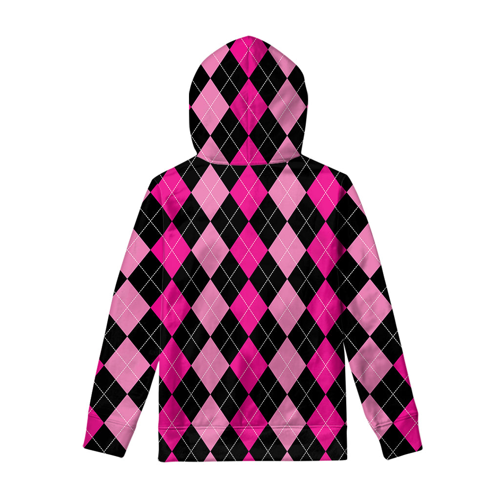 Black And Deep Pink Argyle Pattern Print Pullover Hoodie