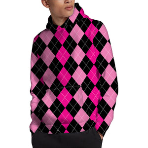 Black And Deep Pink Argyle Pattern Print Pullover Hoodie