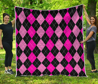 Black And Deep Pink Argyle Pattern Print Quilt