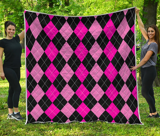 Black And Deep Pink Argyle Pattern Print Quilt