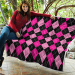 Black And Deep Pink Argyle Pattern Print Quilt