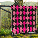 Black And Deep Pink Argyle Pattern Print Quilt