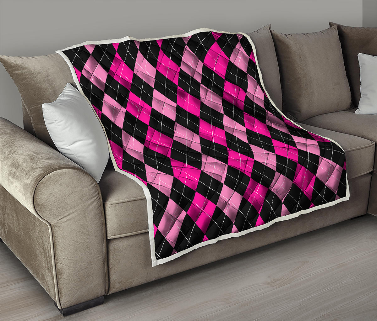 Black And Deep Pink Argyle Pattern Print Quilt
