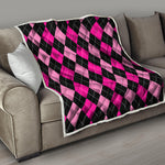 Black And Deep Pink Argyle Pattern Print Quilt