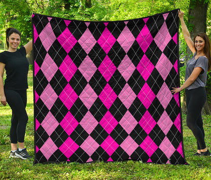 Black And Deep Pink Argyle Pattern Print Quilt