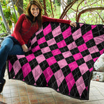 Black And Deep Pink Argyle Pattern Print Quilt