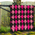 Black And Deep Pink Argyle Pattern Print Quilt