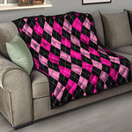 Black And Deep Pink Argyle Pattern Print Quilt