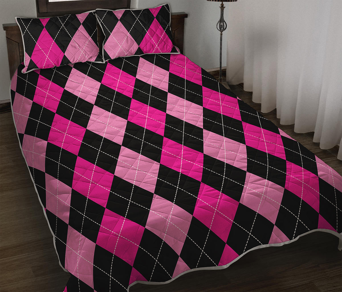 Black And Deep Pink Argyle Pattern Print Quilt Bed Set