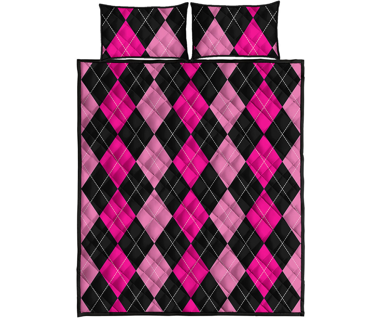 Black And Deep Pink Argyle Pattern Print Quilt Bed Set