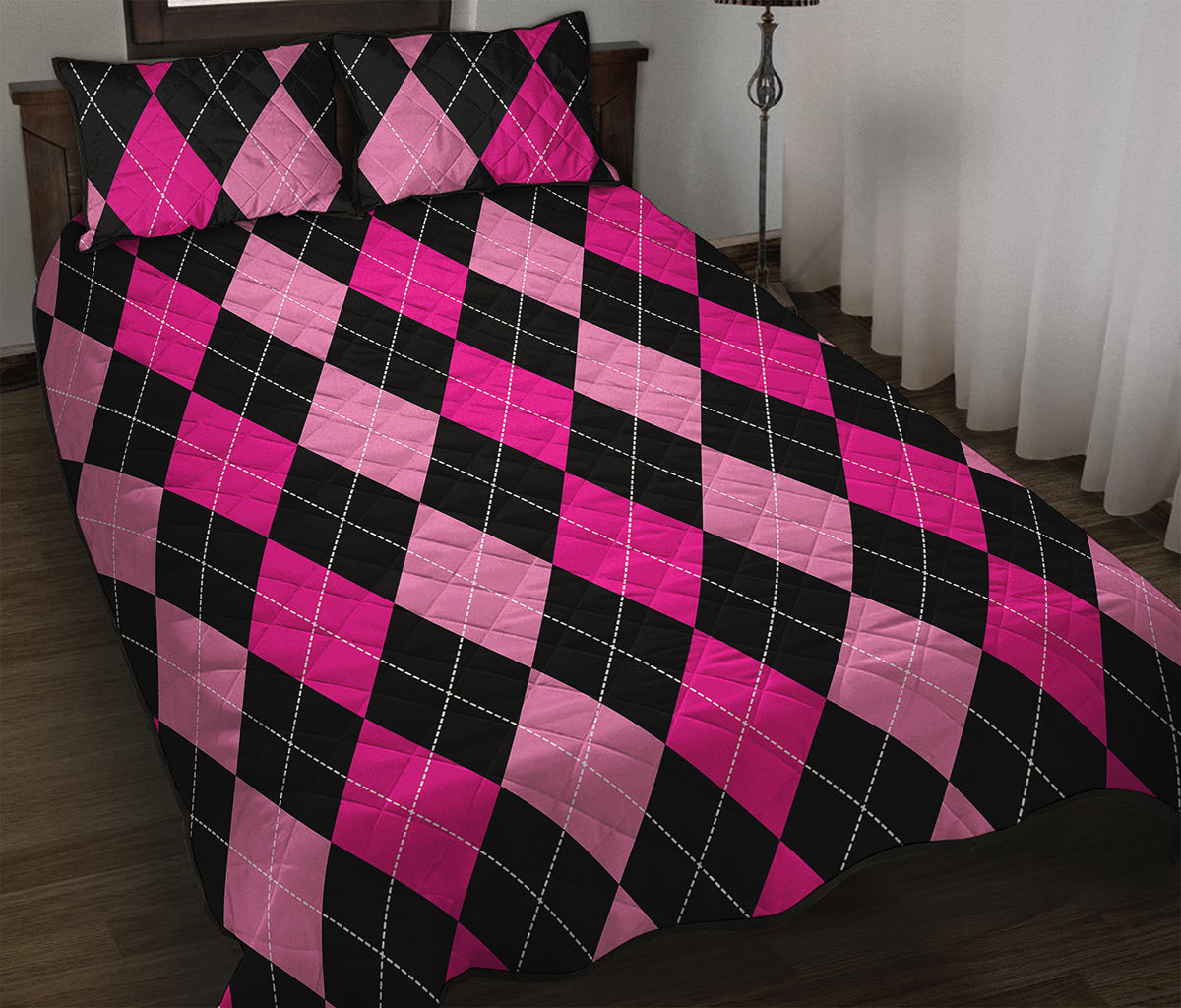 Black And Deep Pink Argyle Pattern Print Quilt Bed Set