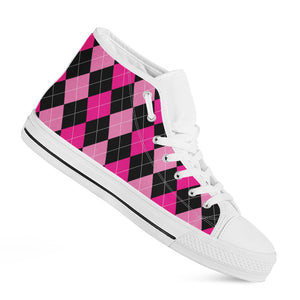 Black And Deep Pink Argyle Pattern Print White High Top Shoes