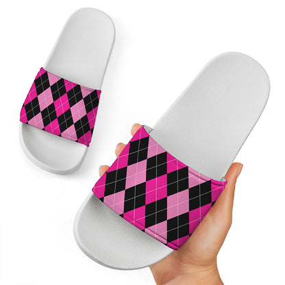 Black And Deep Pink Argyle Pattern Print White Slide Sandals