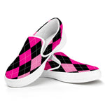 Black And Deep Pink Argyle Pattern Print White Slip On Shoes