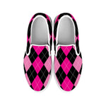 Black And Deep Pink Argyle Pattern Print White Slip On Shoes