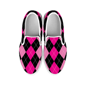 Black And Deep Pink Argyle Pattern Print White Slip On Shoes