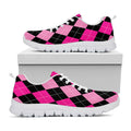 Black And Deep Pink Argyle Pattern Print White Running Shoes