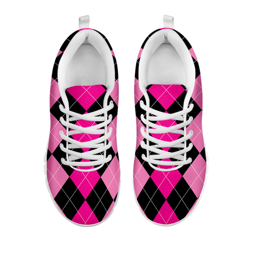 Black And Deep Pink Argyle Pattern Print White Sneakers