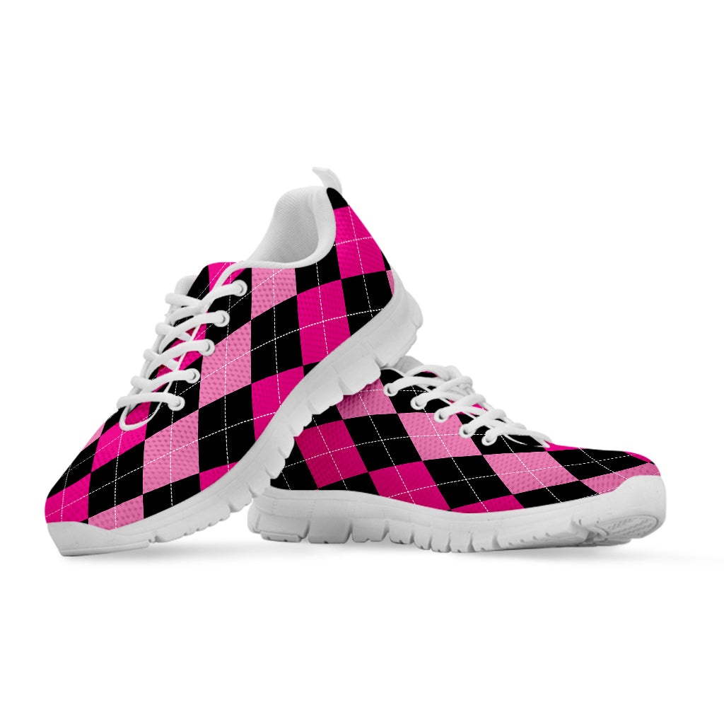 Black And Deep Pink Argyle Pattern Print White Sneakers