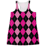 Black And Deep Pink Argyle Pattern Print Women's Racerback Tank Top