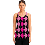 Black And Deep Pink Argyle Pattern Print Women's Racerback Tank Top