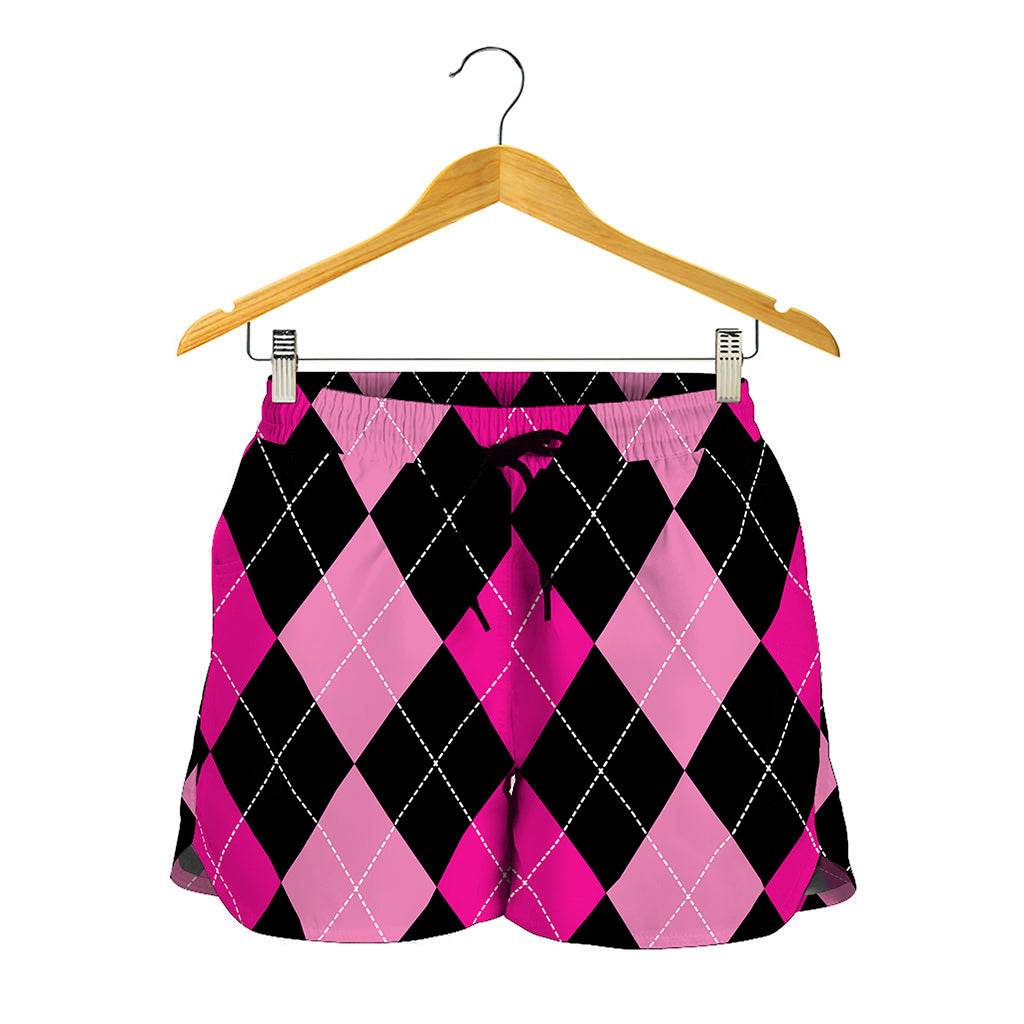 Black And Deep Pink Argyle Pattern Print Women's Shorts