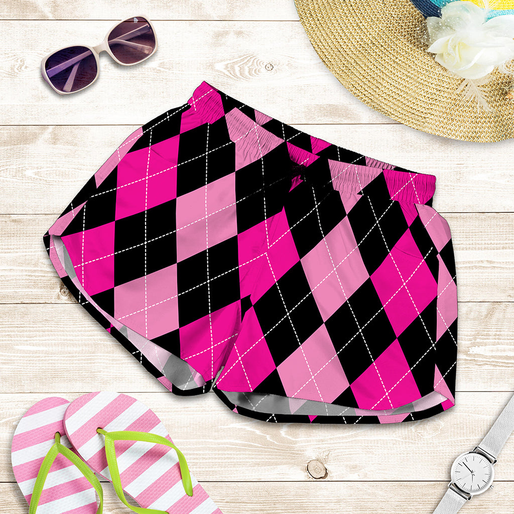 Black And Deep Pink Argyle Pattern Print Women's Shorts