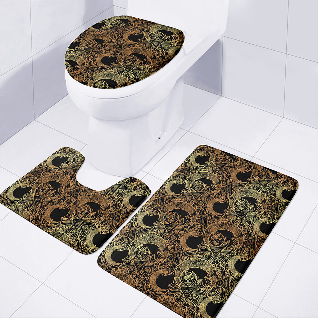 Black And Gold Celestial Pattern Print 3 Piece Bath Mat Set