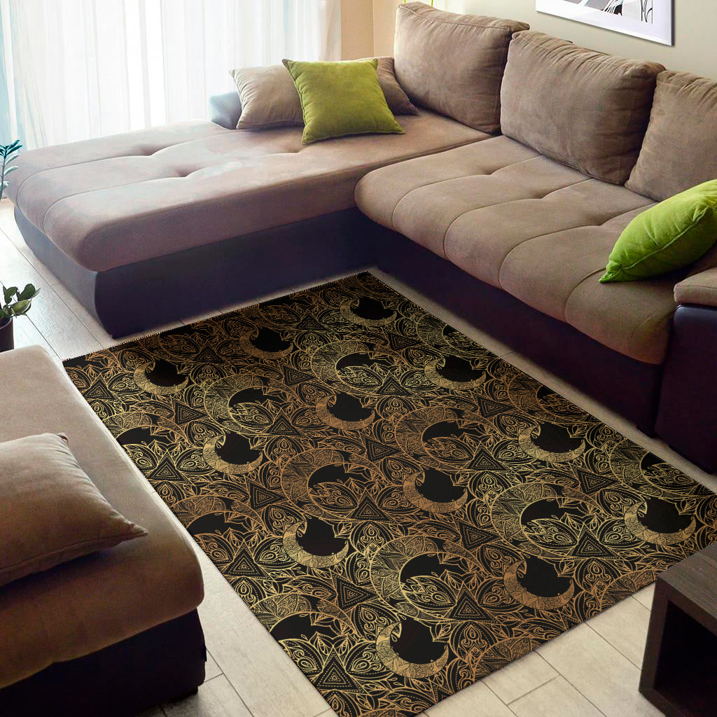 Black And Gold Celestial Pattern Print Area Rug