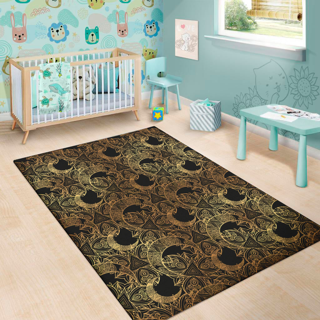 Black And Gold Celestial Pattern Print Area Rug