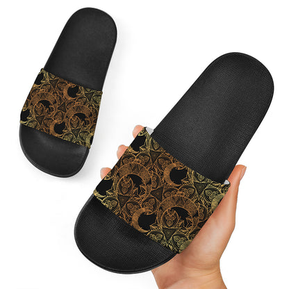 Black And Gold Celestial Pattern Print Black Slide Sandals