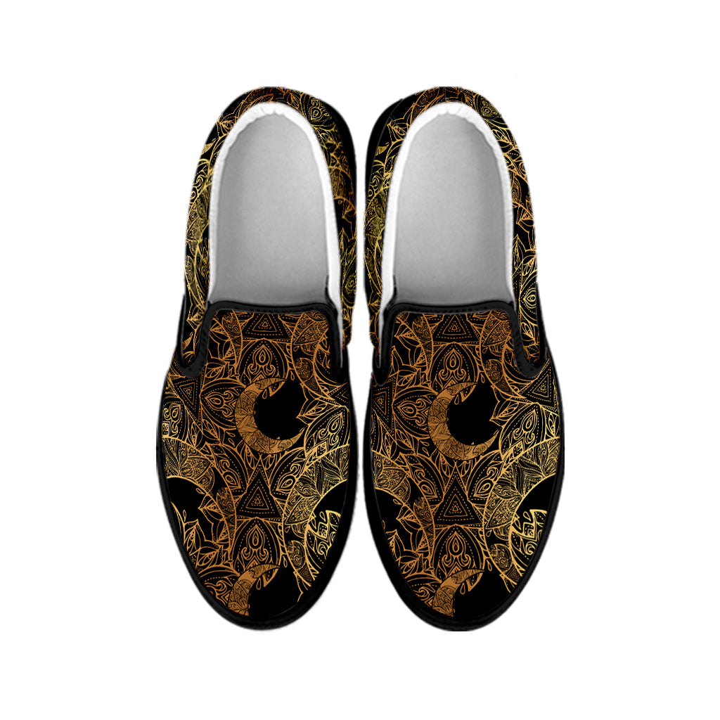 Black And Gold Celestial Pattern Print Black Slip On Shoes