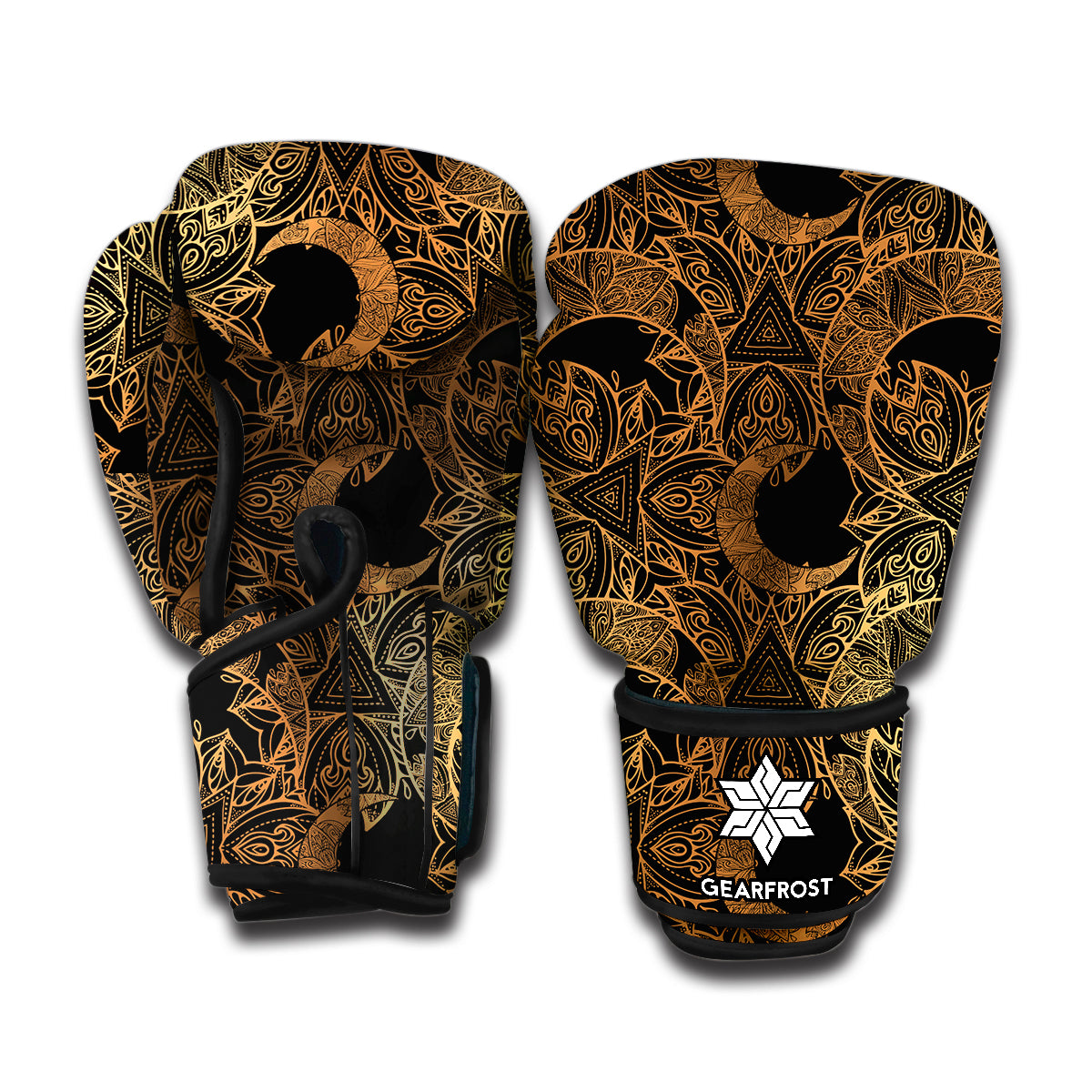Black And Gold Celestial Pattern Print Boxing Gloves