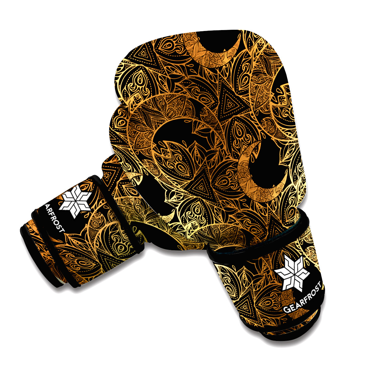 Black And Gold Celestial Pattern Print Boxing Gloves