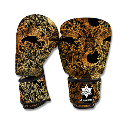 Black And Gold Celestial Pattern Print Boxing Gloves
