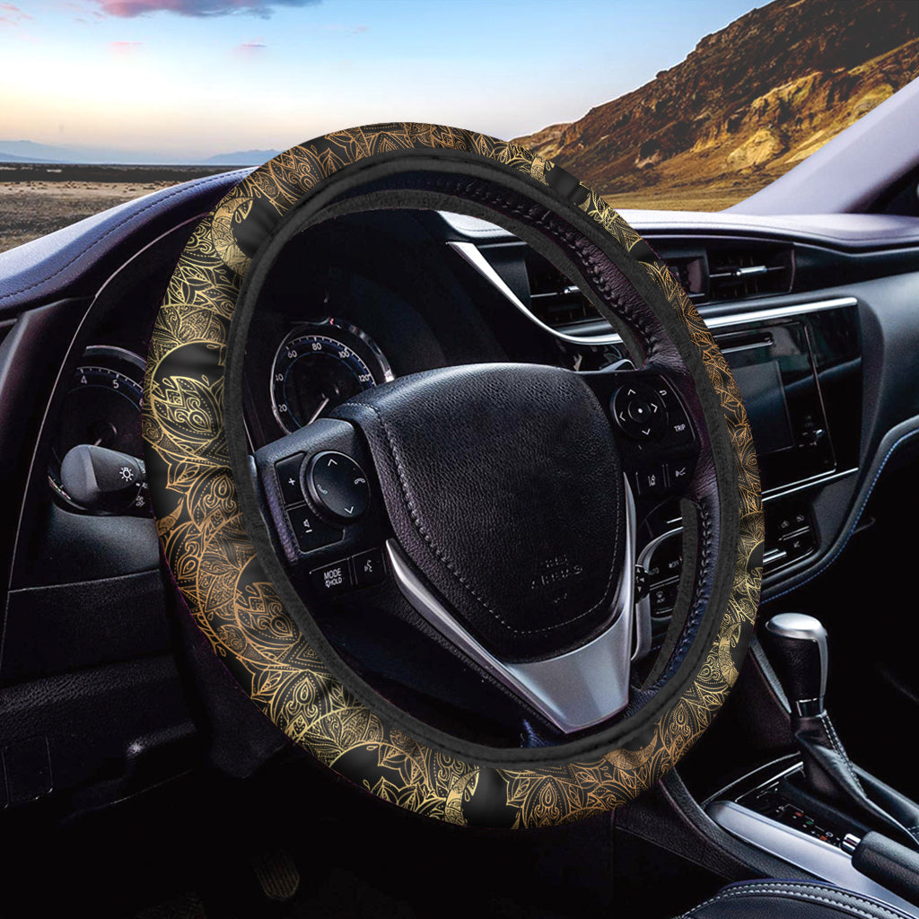 Black And Gold Celestial Pattern Print Car Steering Wheel Cover