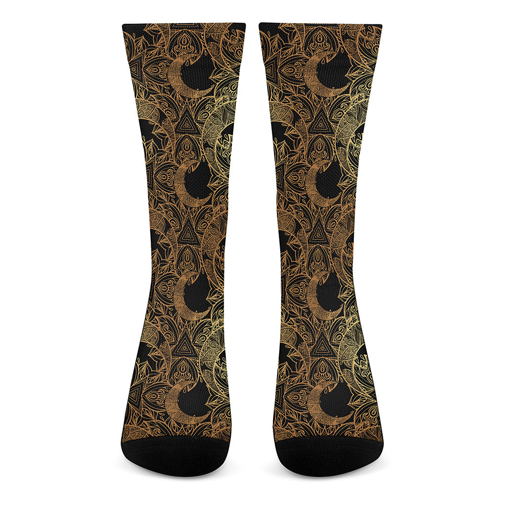 Black And Gold Celestial Pattern Print Crew Socks