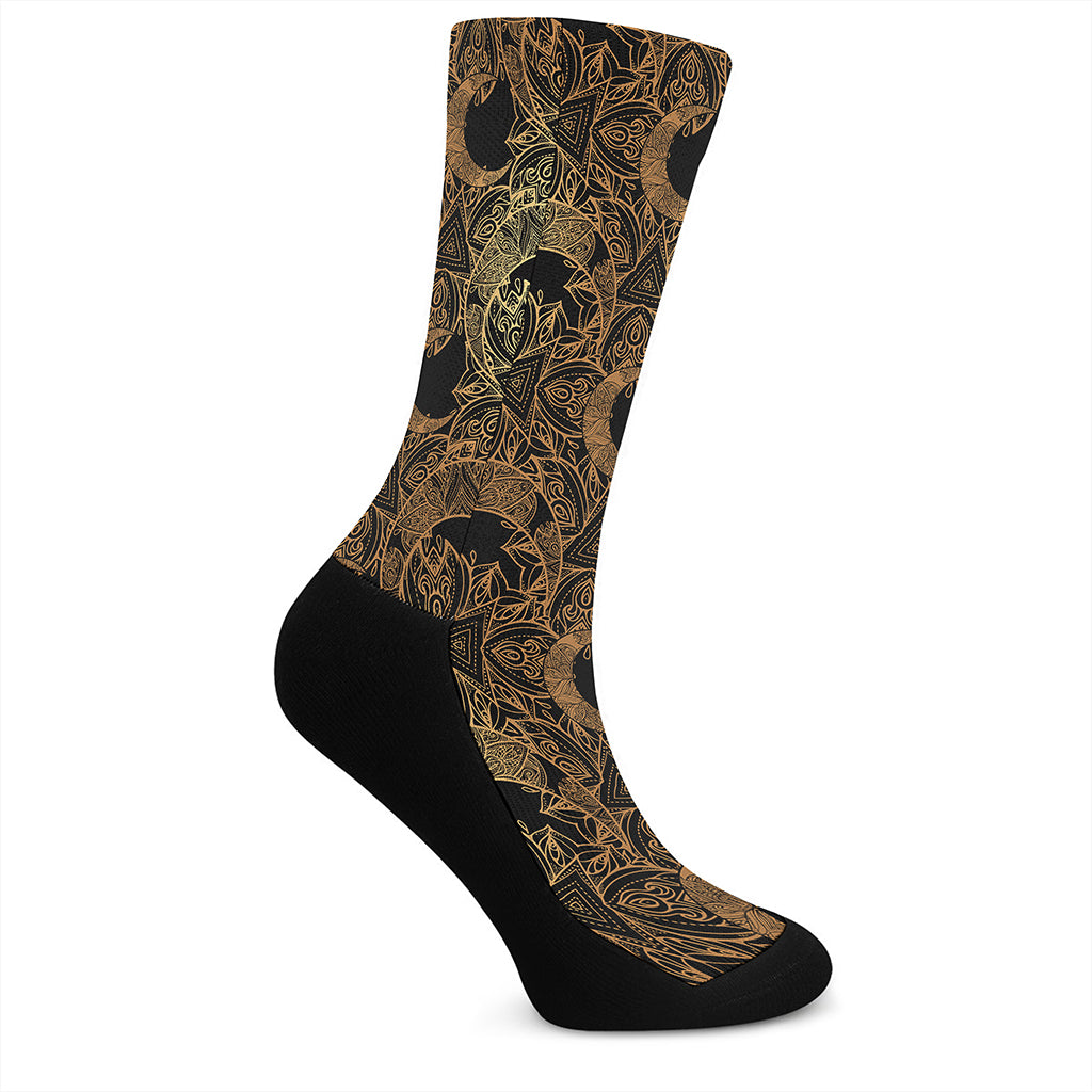 Black And Gold Celestial Pattern Print Crew Socks