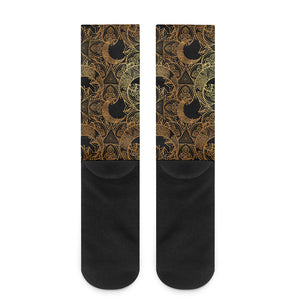 Black And Gold Celestial Pattern Print Crew Socks