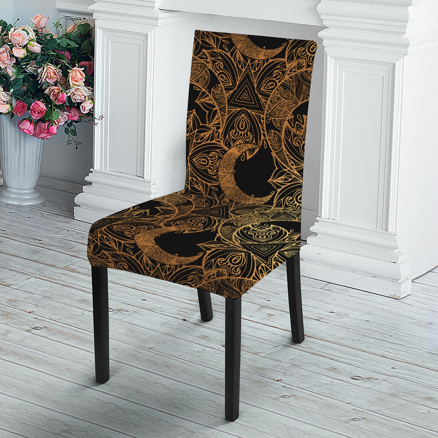 Black And Gold Celestial Pattern Print Dining Chair Slipcover