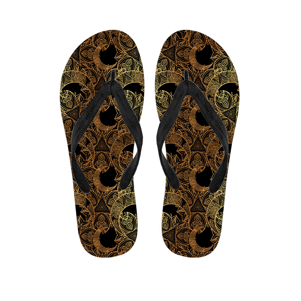 Black And Gold Celestial Pattern Print Flip Flops