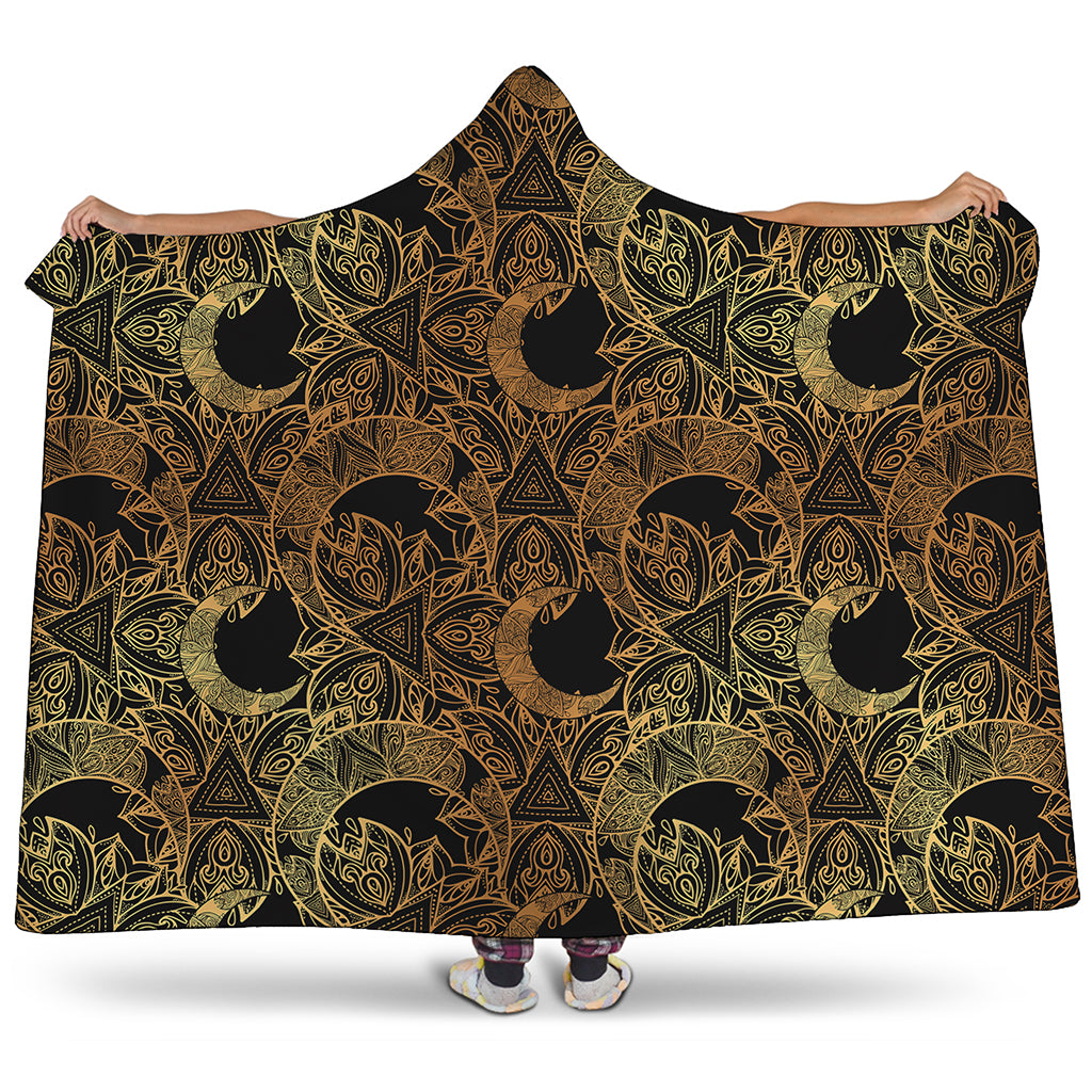 Black And Gold Celestial Pattern Print Hooded Blanket