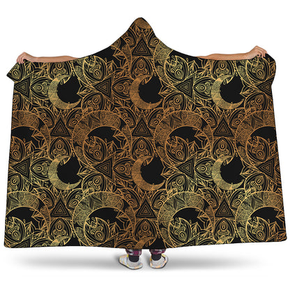 Black And Gold Celestial Pattern Print Hooded Blanket